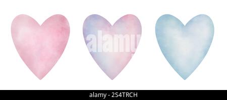 Aquarellfarben-Herz-Illustration. Rosa, lila und blau handgemalte Herzen, isoliert auf weißem Hintergrund. Clip-Art für Valentinstag Dekoration A Stockfoto