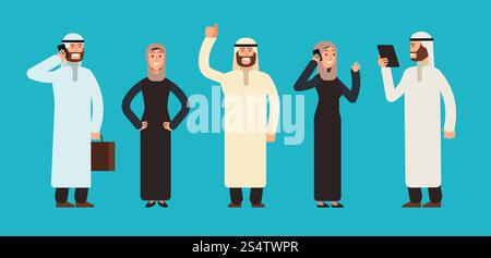 Arabische Geschäftsfrauen und Geschäftsmänner Gruppe. Arabische Geschäftsleute Team-Vektor-Zeichentrickfiguren Set. arabisch, arabisch-muslimische Frau und Mann Illustration. Arabische Geschäftsfrauen und Geschäftsmänner Gruppe. Arabische Geschäftsleute Team-Vektor-Zeichentrickfiguren Set Stock Vektor