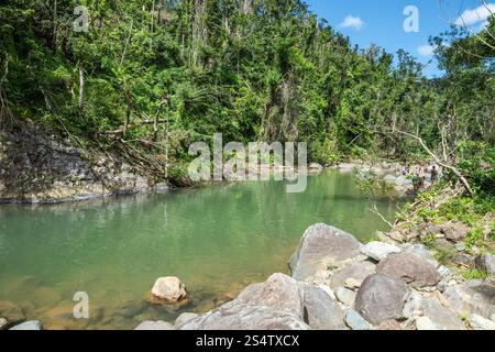 Rio Grande, Puerto Rico - 6. März 2018: Der Angelito Trail im El Yunque National Forest ist eine beliebte und leichte Wanderung endet mit einer erfrischenden natürlichen Schlucht Stockfoto