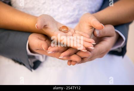 Nahaufnahme Foto von Braut und Bräutigam halten goldene Hochzeit Ringe auf Händen Stockfoto