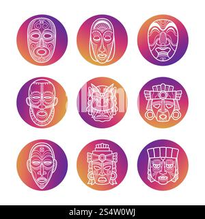Leuchtende Symbole mit weißen afrikanischen Vodoo-Masken des Sets. Vektorabbildung. Helle Ikonen mit weißen afrikanischen Vodoo-Masken Stock Vektor
