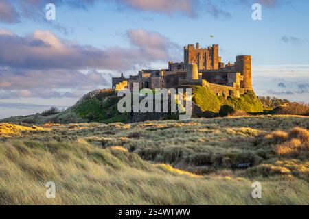 Bamburgh Castle auf der anderen Seite der mit Marram Gras bedeckten Sanddünen am Bamburgh Beach, Northumberland AONB, England Stockfoto