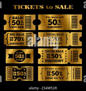 Goldener Verkauf Tickets Vektorset. Vektor-Tickets zum Verkauf isoliert auf schwarzer Hintergrund Illustration. Goldener Verkauf Tickets Vektorset. Vektortickets zum Verkauf Stock Vektor