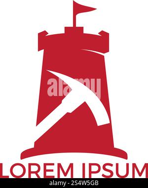 Spitzhacke und Fort-Logo. Design-Vorlage für Pickaxe und Castle-Logo. Stock Vektor