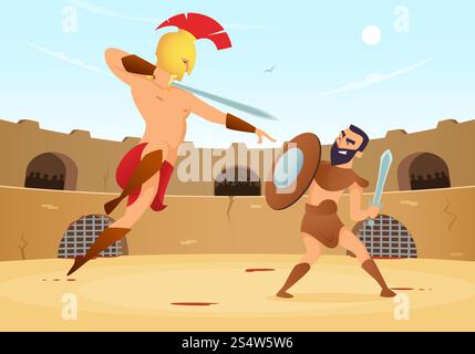 Spartanische Krieger kämpfen in der Gladiatorenarena. Vektor-Gladiator mit Schild und römischer Mann auf Arena-Illustration. Spartanische Krieger kämpfen in der Gladiatorenarena Stock Vektor
