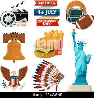 Kulturobjekte der amerikaner usa. Vektorillustrationen im Cartoon-Stil. Amerikanische Kultur, Freiheitsstatue, Reisen in amerika, Adler und Fußball traditionell. Kulturobjekte der amerikaner usa. Vektorillustrationen im Cartoon-Stil Stock Vektor