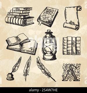 Literaturkonzeptbilder. Vintage Handzeichnungen Bücher und verschiedene Werkzeuge für Schriftsteller. Literaturbuchskizze, Handzeichnung Literatur und Federstift mit Tintenfass. Vektorabbildung. Literaturkonzeptbilder. Vintage Handzeichnungen Bücher und verschiedene Werkzeuge für Schriftsteller Stock Vektor