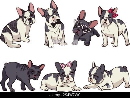 Illustrationen Set mit niedlicher französischer Bulldogge. Lustige Bilder von Welpen. Vektor französisch Bulldogge lustig, Welpen süße Sammlung. Illustrationen Set mit niedlicher französischer Bulldogge. Lustige Bilder von Welpen Stock Vektor