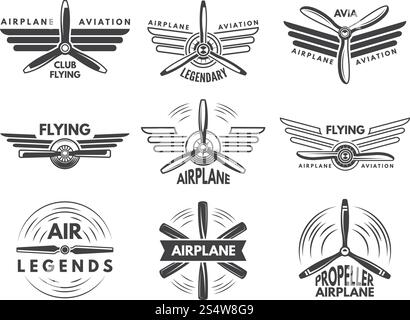 Labels und Logos für die militärische Luftfahrt. Pilotensymbole im monochromen Stil. Luftfahrt- und Flugzeugabzeichen, Flugzeugabzeichen oder Abzeichen. Labels und Logos für die militärische Luftfahrt. Pilotensymbole im monochromen Stil Stock Vektor