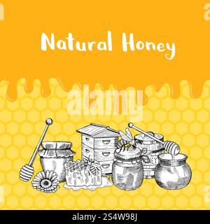 Vektorillustration mit skizzierten konturierten Honigthemenelementen, tropfendem Honig und Platz für Text auf Wabenhintergrund. Vektorillustration mit Honigelementen, tropfendem Honig und Platz für Text Stock Vektor