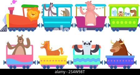 Lustige Cartoon-Tiere fahren in Cartoon-Zügen. Zootiere im Spielzeugzug-Verkehr, Panda und Stier, Pferd und Löwe. Vektorabbildung. Lustige Cartoon-Tiere fahren in Cartoon-Zügen Stock Vektor