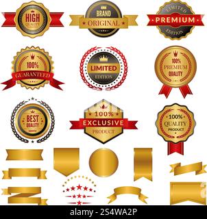 Kollektion luxuriöser goldener Abzeichen und Logos. Vektoretiketten für Ihre persönlichen Designprojekte. Goldene Abzeichen- und Etikettenqualität und hochwertige goldene Illustration. Kollektion luxuriöser goldener Abzeichen und Logos. Vektoretiketten für Ihre persönlichen Designprojekte Stock Vektor