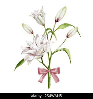 Lilienstrauß. Zartes Blumenset für den Frühling, gebunden mit einem rosafarbenen Band. Vintage Seidenschleife große weiße und rosa Lilienblüten an einem Stiel mit Knospen und Stockfoto
