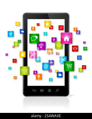 Apps-Symbole fliegen um das Smartphone – weißer Hintergrund. Apps-Symbole fliegen um das Mobiltelefon herum Stockfoto