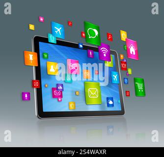 Digitales 3D-Tablet mit fliegenden Apps-Symbolen – isoliert auf Grau. Symbole für digitale Tablets und fliegende Apps Stockfoto