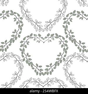Rahmen mit Blumenherz und nahtlosem Blattmuster für Geschenkpapier, Textildesign, Scrapbook, Hochzeits- oder Valentinstag-Vorlage Stockfoto