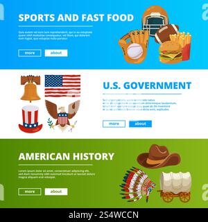 Banner mit Symbolen der amerikanischen Kultur. Vektor amerikanische Kultur und Sport, Fast Food Illustration. Banner mit Symbolen der amerikanischen Kultur Stock Vektor