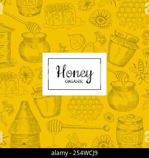 Vektorhintergrund mit skizzierten konturierten Honigthemenelementen mit Platz für Text. Banner und Poster Natur Honig Illustration. Vektorhintergrund mit skizzierten Honigelementen Stock Vektor
