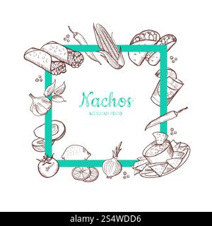 Vektor skizzierte mexikanische Esselemente, die um eine fette leere Rahmenillustration fliegen. Vektor skizzierte mexikanische Essenselemente Stock Vektor