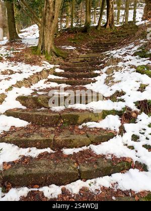 Rivington Terrassengärten. Eine friedliche Winterszene, Steintreppen führen durch einen schneebedeckten Waldweg, umgeben von Bäumen und einem leicht verstaubten Stockfoto