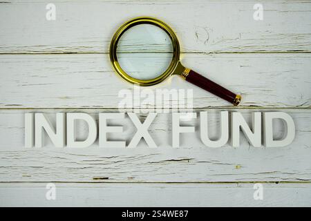 Index Fund Buchstaben und Lupe von oben auf hölzernem Hintergrund Stockfoto