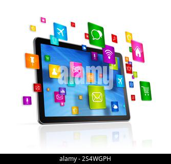 3D-Tablet-PC mit fliegenden Apps-Symbolen – isoliert auf weiß. Symbole für Tablet-PCs und fliegende Apps Stockfoto