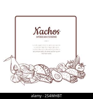 Vektor skizzierte mexikanische Lebensmittel Elemente unter Rahmen mit Platz für Textabbildung gesammelt. Vektor skizzierte mexikanische Essenselemente Stock Vektor
