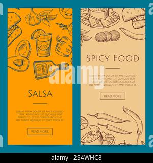 Vektorwebbanner oder Flyer-Vorlage mit skizzierter mexikanischer Lebensmittelelemente-Illustration. Vektorbanner oder Flyer-Vorlage mit mexikanischen Lebensmittelelementen Stock Vektor
