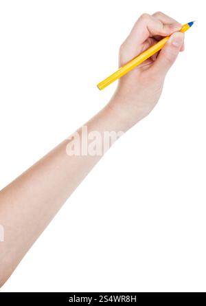 Hand zieht durch blauen Stift isoliert auf weißem Hintergrund Stockfoto