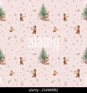 Nahtloses Muster mit Aquarellillustration von Tannenbaum und Tannenzweigen, Nadel und Babyhirsch mit Girlande. Handgemalte Tiere: Bär und Stockfoto