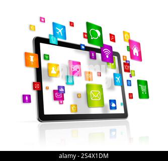 3D-Tablet-PC mit fliegenden Apps-Symbolen – isoliert auf weiß. Symbole für Tablet-PCs und fliegende Apps Stockfoto