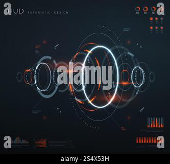 Futuristische virtuelle hud-Schnittstelle. Technologie Digitalbildschirm mit Bedienfeldern, Diagramm, Diagrammen. Konzeptionelle Zukunftsvektor-Infografik. Virtuelle futuristische benutzeroberfläche, digitale Illustration des Armaturenbrettbildschirms. Futuristische virtuelle hud-Schnittstelle. Technologie Digitalbildschirm mit Bedienfeldern, Diagramm, Diagrammen. Konzeptionelle Zukunftsvektor-Infografik Stock Vektor