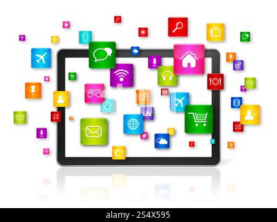 3D-Tablet-PC mit fliegenden Apps-Symbolen – isoliert auf weiß – Vorderansicht. Symbole für Tablet-PCs und fliegende Apps Stockfoto