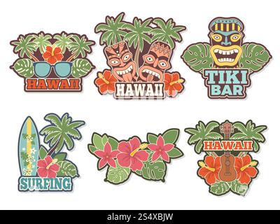 Verschiedenfarbige Aufkleber und Abzeichen mit Symbolen der hawaiianischen Kultur. Vektor-Surfbrett und exotische Wildtiere Abzeichen, Surfen und grüne Palmillustration. Verschiedenfarbige Aufkleber und Abzeichen mit Symbolen der hawaiianischen Kultur Stock Vektor