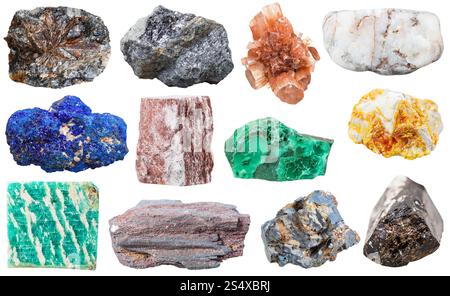 Verschiedene Mineralgesteine und -Steine - Lamprophyllit, galena, Aragonit, Marmor, Azurit, aventurin, Malachit, Orpiment, Amazonit, ferruginös Stockfoto