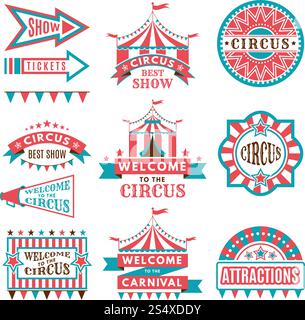 Etiketten im Retro-Stil. Logos für Zirkusunterhaltung. Karneval und Zirkusunterhaltung, Vektorillustration. Etiketten im Retro-Stil. Logos für Zirkusunterhaltung Stock Vektor