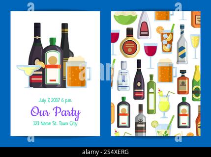 Vektor vertikale Einladungsvorlage für Erwachsene Party mit alkoholischen Getränken in Gläsern und Flaschen in flacher Art und Platz für Textabbildung. Vektor vertikale Einladung Vorlage Party mit alkoholischen Getränken Stock Vektor