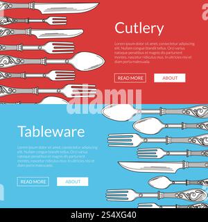 Vektor horizontale Web-Banner der Set-Illustration mit handgezeichnetem Geschirr. Gabel und Löffel. Vektor Web Banner Illustration mit handgezeichnetem Geschirr Stock Vektor