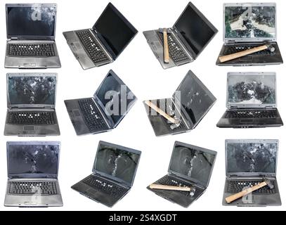 eingestellt von alten defekten Laptops isoliert auf weißem Hintergrund Stockfoto