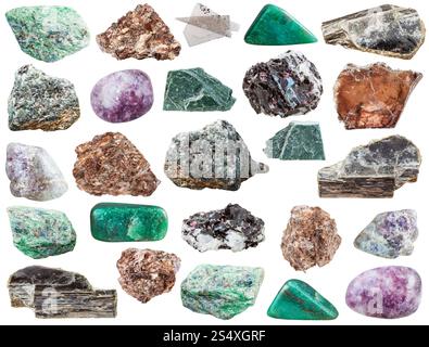 Set aus verschiedenen natürlichen Mineralsteinen - verschiedene Glimmersteine und Felsen ( Phlogopit, Muskovit, Phyllit, Fuchsite, Chromglimmer, Biotit, Lepidolit Stockfoto