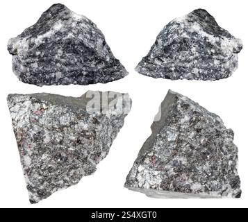 Reihe von verschiedenen natürlichen mineralischen Steinen - Stibnite (Antimonite, Antimon Erz) Felsen isoliert auf weißem Hintergrund Stockfoto