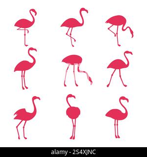 Rosafarbene Flamingosilhouetten isoliert auf weißem Hintergrund. Vektor Vogel tropische, Tier exotische Tierwelt Sammlung Illustration. Rosafarbene Flamingosilhouetten isoliert auf weißem Hintergrund Stock Vektor