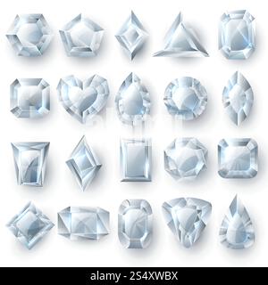 Silberne Diamanten Edelsteine, Schnittsteine Schmuck Vektor auf weißem Hintergrund lokalisiert. Brillanter Stein, Kristall kostbar, Edelstein Luxusillustration. Silberne Diamanten Edelsteine, Schnittsteine Schmuck Vektor auf weißem Hintergrund lokalisiert Stock Vektor