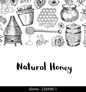 Vektorhintergrund mit skizzierten Honigthemenelementen mit Platz für Textabbildung. Vektorhintergrund mit skizzierten Honigelementen Stock Vektor