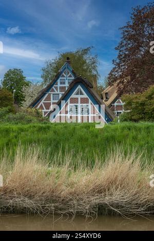 Altes Giebelfachwerkhaus hinter dem Deich Stockfoto