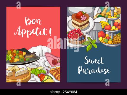 Vektorkarten- oder Flyervorlagen mit handgezeichneten Restaurant- oder Zimmerservice-Elementen und Platz für Textabbildung. Vektorkarten- oder Flyer-Vorlagen mit handgezeichnetem Restaurant Stock Vektor