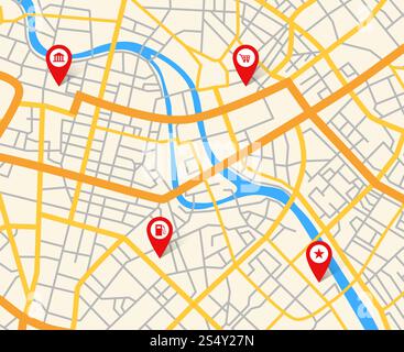Navigation europäischer Stadtplan mit Pins. Abstraktes Kartographie-Vektormuster. Straßenkartographie, Navigation gps mit Markierungsstiften Abbildung. Navigation europäischer Stadtplan mit Pins. Abstraktes Kartographie-Vektormuster Stock Vektor