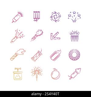 Heller Feiertag pyrotechnische Linie Vektor Symbole. Festival Fireworks Elements Design. Feuerwerk für Festivalveranstaltung, Feuerwerkskörper-Explosion, Party-Illustration feiern. Heller Feiertag pyrotechnische Linie Vektor Symbole. Festival Fireworks Elements Design Stock Vektor