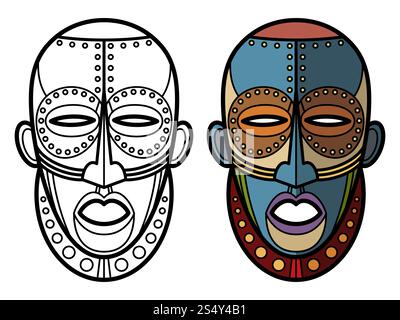 Mexikanische indische azteken Masken Färbung Seite des Sets isoliert auf weiß. Vektorabbildung. Mexikanische indische azteken-Masken Ausmalseite Stock Vektor
