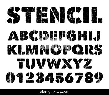 Militärschablone Buchstaben und Zahlen. Sprühlackiertes Armee-Grunge-Alphabet. Vintage Graffiti Vektor Schriftart Alphabet und Schablonennummer Illustration. Militärschablone Buchstaben und Zahlen. Sprühlackiertes Armee-Grunge-Alphabet. Vintage Graffiti Vektorschrift Stock Vektor